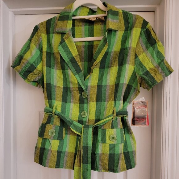 Sherry Taylor Checked Plaid Belted Shirt, Green, Size M, NWT - Picture 1 of 16